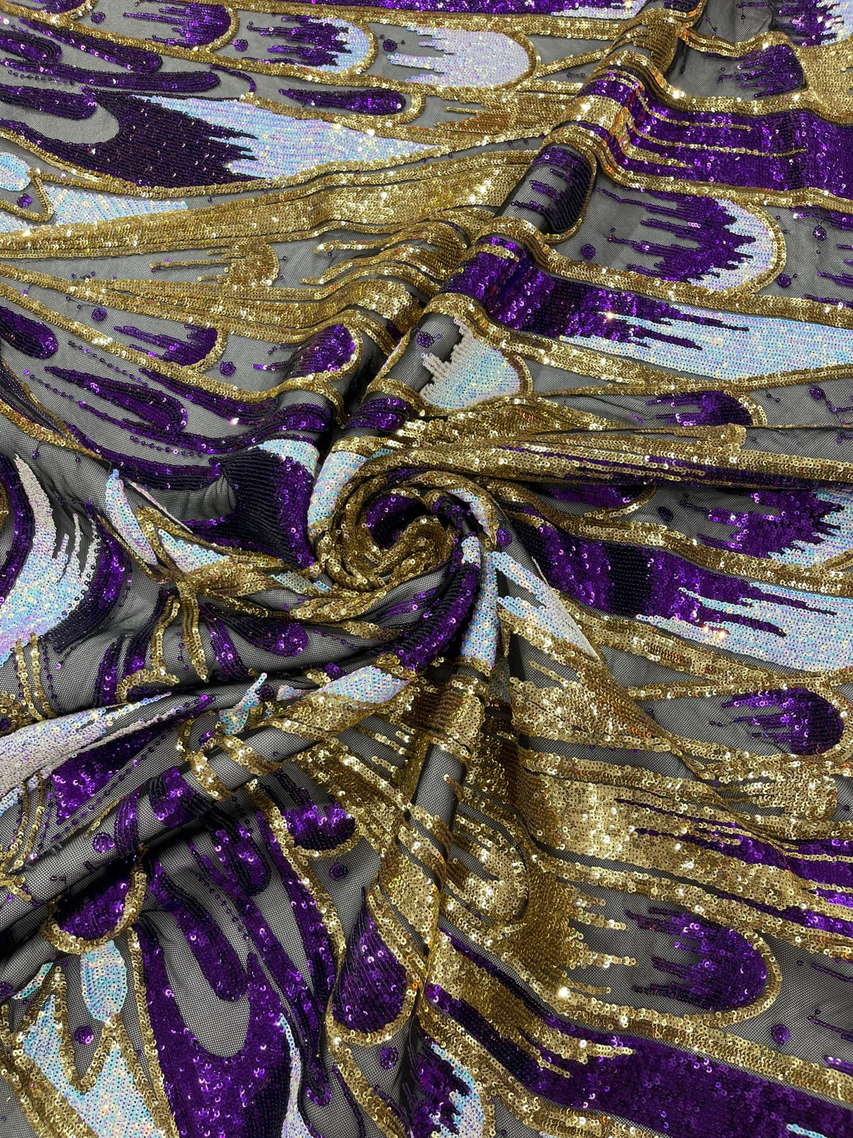 Feather Wing Sequin Fabric - Iridescent Feather Damask, 54" Width (1 Yard)