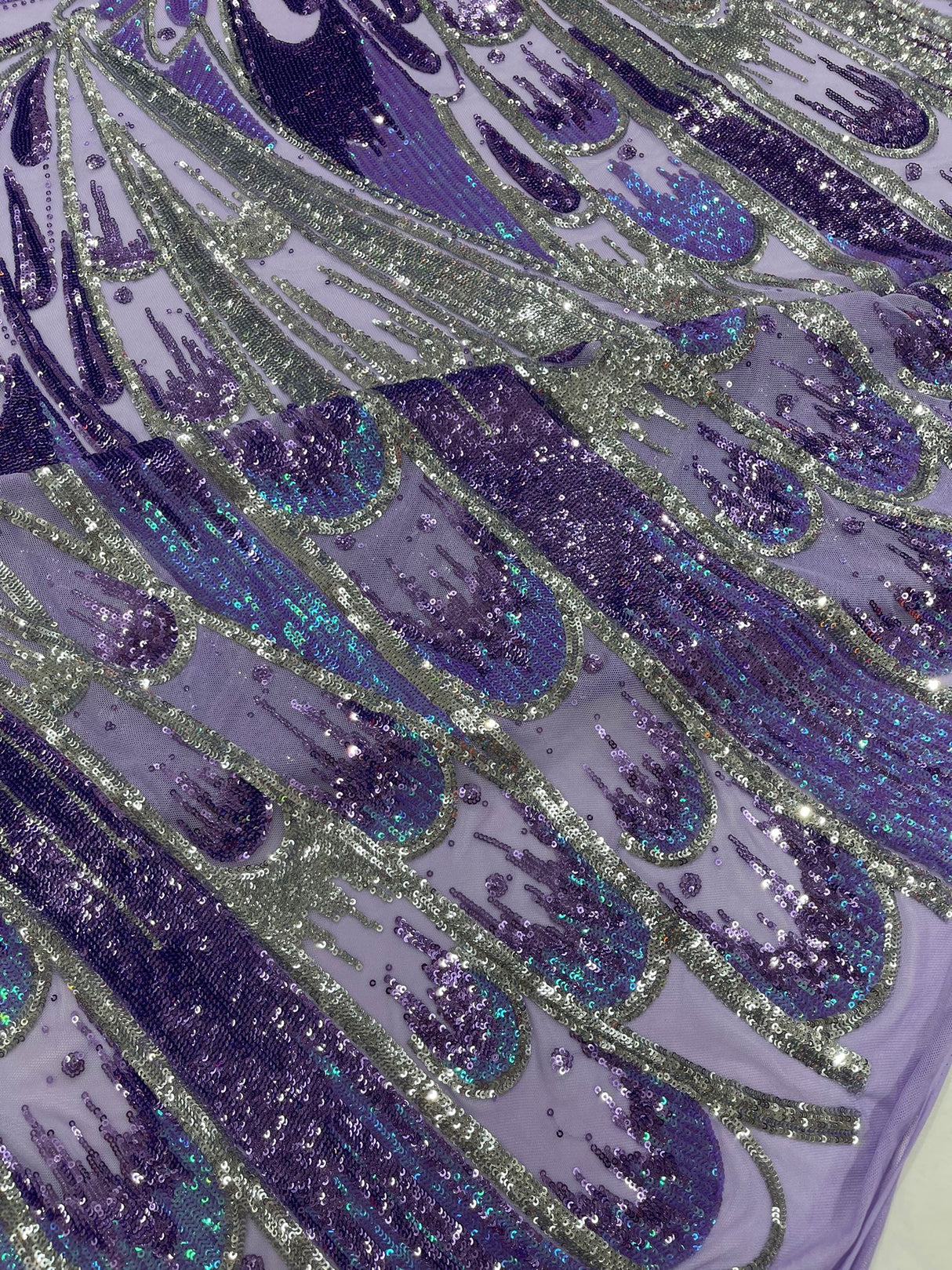 Feather Wing Sequin Fabric - Iridescent Feather Damask, 54" Width (1 Yard)