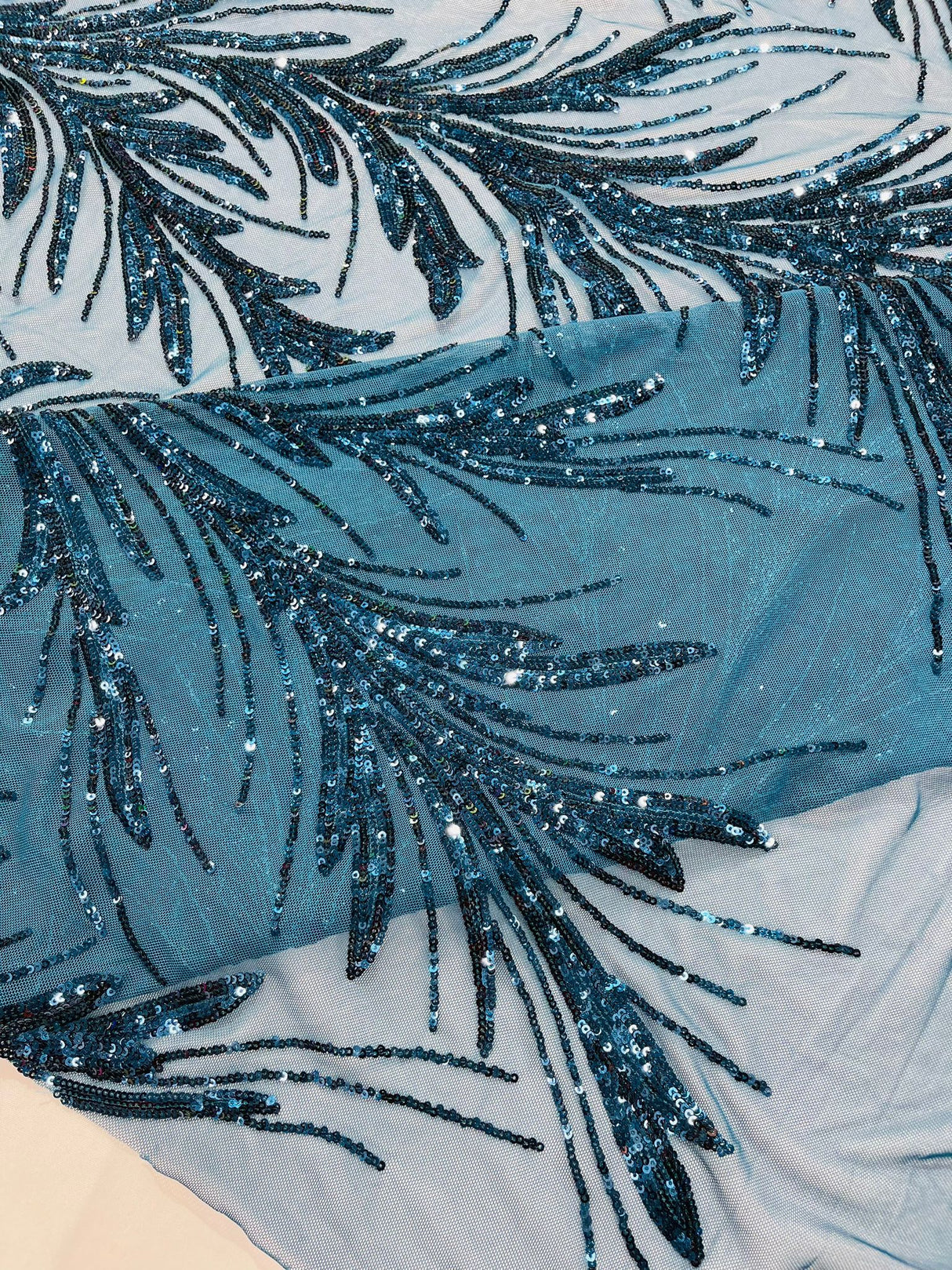 Feather Wing Shiny Sequin Mesh Fabric - Feather Wing Sequin Design, 54" Width (1 Yard)
