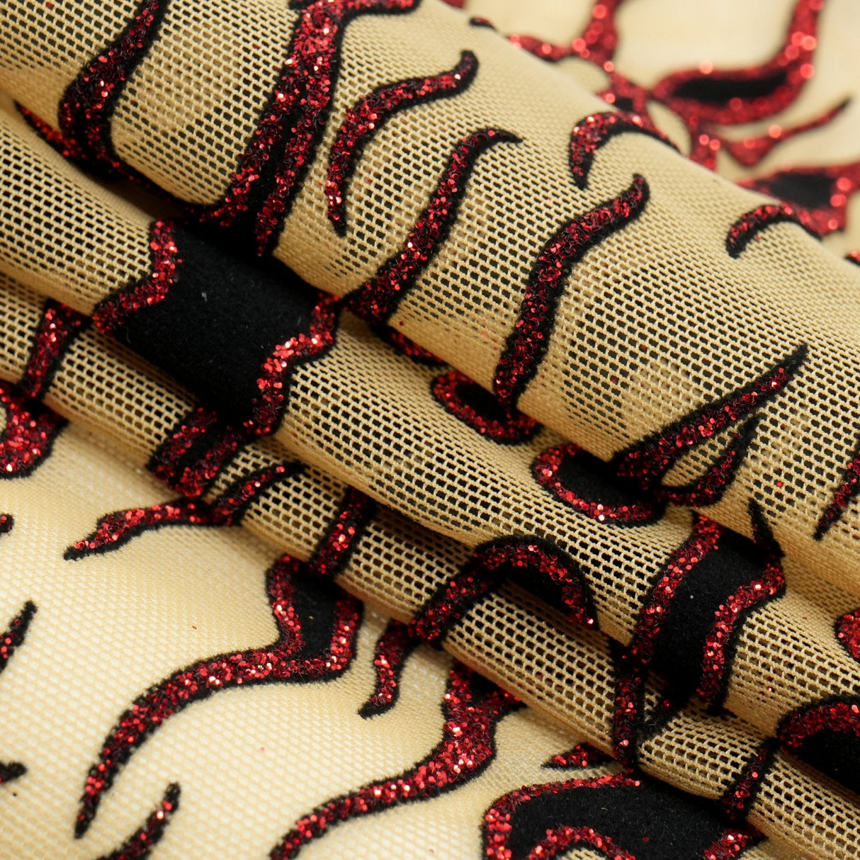 Fiery Glittered Flocked Stretch Mesh Nylon Spandex Fabric - Glittered Flocked Stretch Mesh, 58" Width (1 Yard)