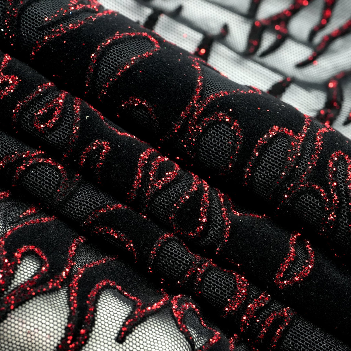 Fiery Glittered Flocked Stretch Mesh Nylon Spandex Fabric - Glittered Flocked Stretch Mesh, 58" Width (1 Yard)