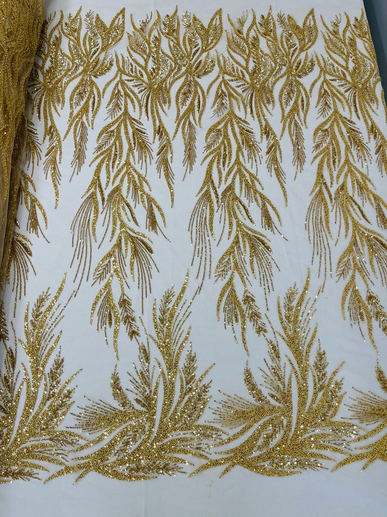Fiesta Beaded Lace Polyester Fabric - Hand Beaded Vine Lace, 50" Width, 36" Length (1 Yard)