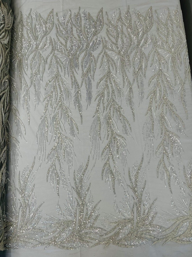 Fiesta Beaded Lace Polyester Fabric - Hand Beaded Vine Lace, 50" Width, 36" Length (1 Yard)