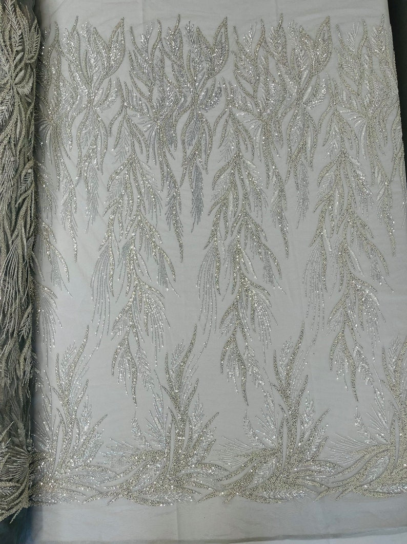 Fiesta Beaded Lace Polyester Fabric - Hand Beaded Vine Lace, 50" Width, 36" Length (1 Yard)