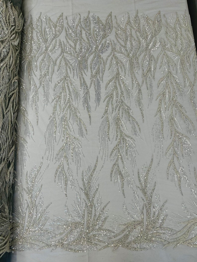 Fiesta Beaded Lace Polyester Fabric - Hand Beaded Vine Lace, 50" Width, 36" Length (1 Yard)