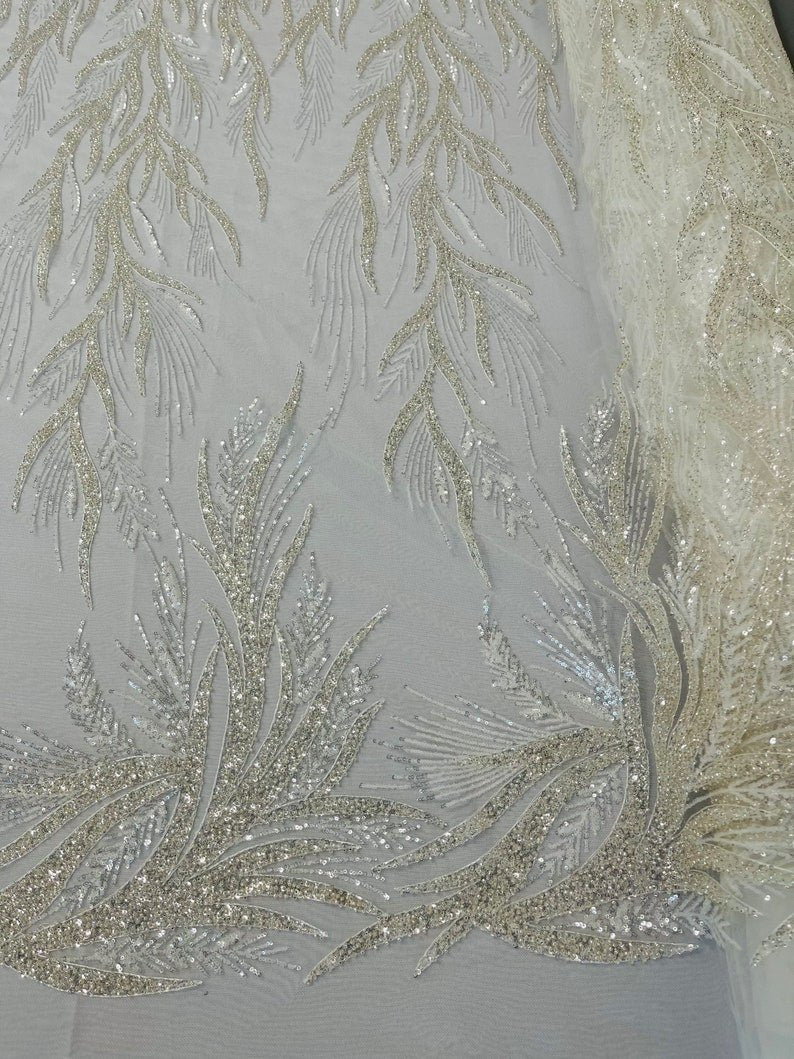 Fiesta Beaded Lace Polyester Fabric - Hand Beaded Vine Lace, 50" Width, 36" Length (1 Yard)