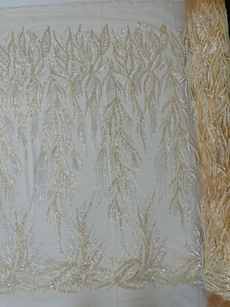 Fiesta Beaded Lace Polyester Fabric - Hand Beaded Vine Lace, 50" Width, 36" Length (1 Yard)
