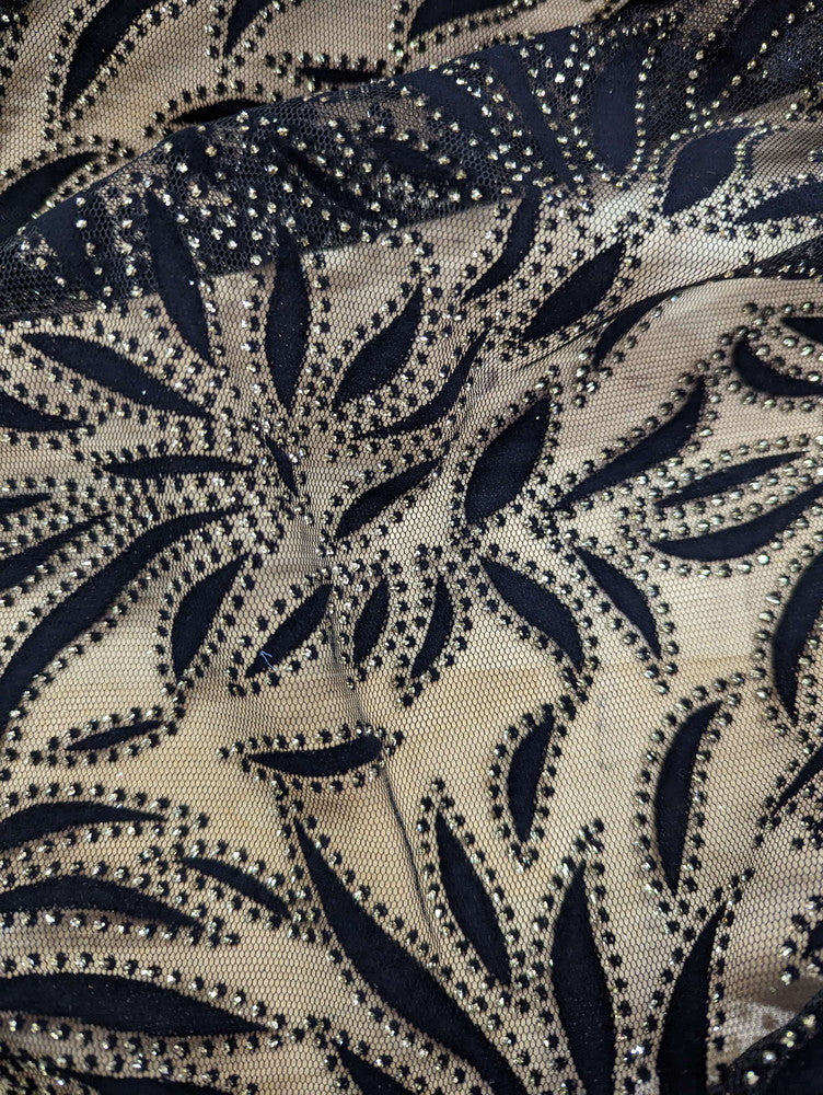 Black Velvet Flocking Lace Polyester Lace Fabric - Glitter Accent, Stretch Mesh, 59/60" Width (1 Yard)