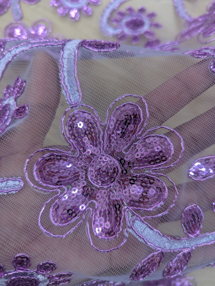 All Over Flowers With Sequins Polyester Lace Fabric - Lilac, Floral Sequins, 55" Width (1 Yard)