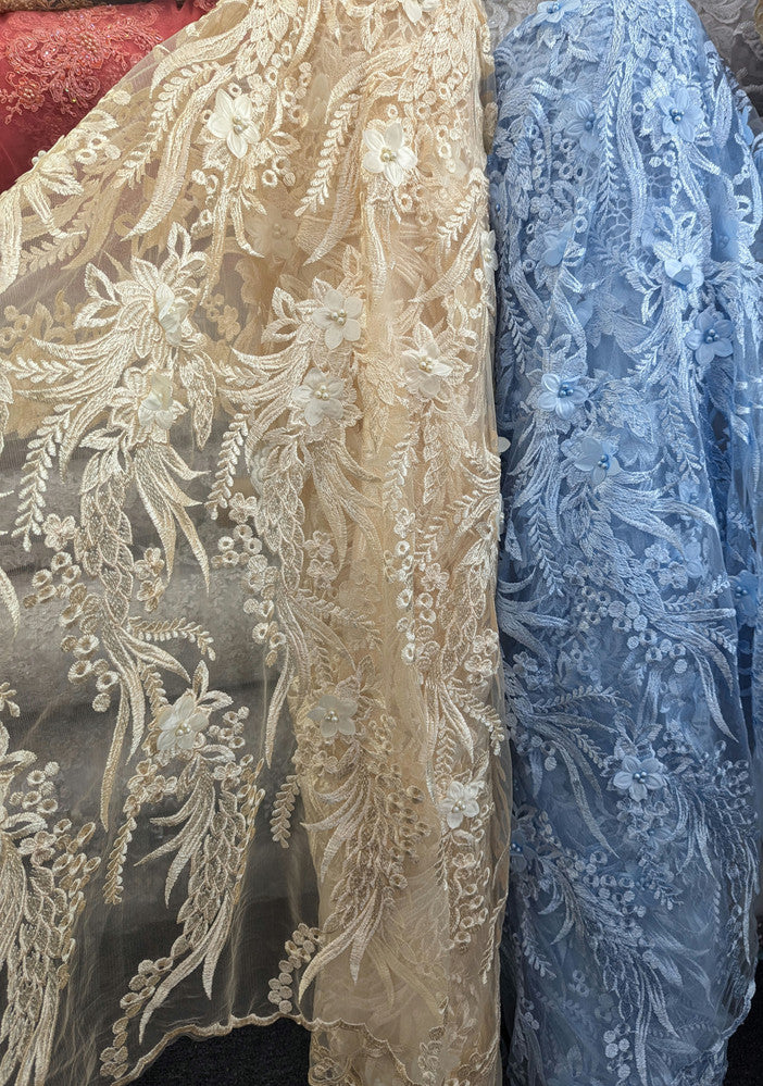3D Embroidered Flower Lace Polyester Fabric - Light Champagne, Baby Blue, Mauve, Pearl-Embellished 3D Floral, 54-55" Width (1 Yard)