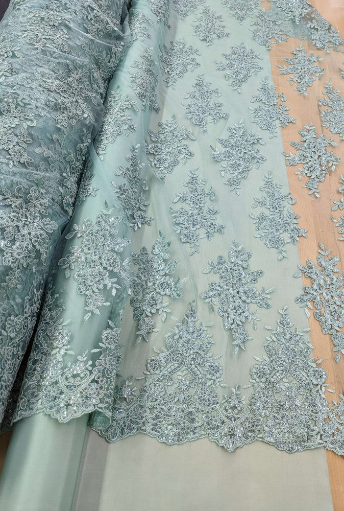 Bridal Lace With Sequins Polyester Lace Fabric - Multiple Colors, Corded Floral, Scalloped Edges, 50/51" Width (1 Yard)