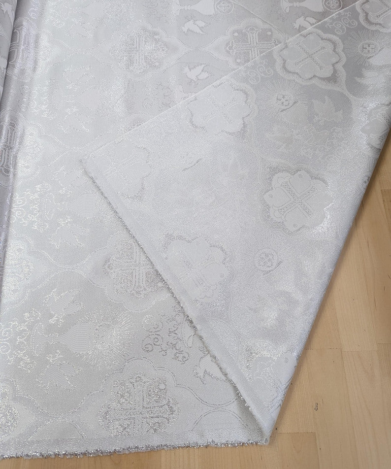 Silver Church Metallic Cross Polyester Brocade Fabric - White/Silver Cross Pattern, 58/59" Width (1 Yard)