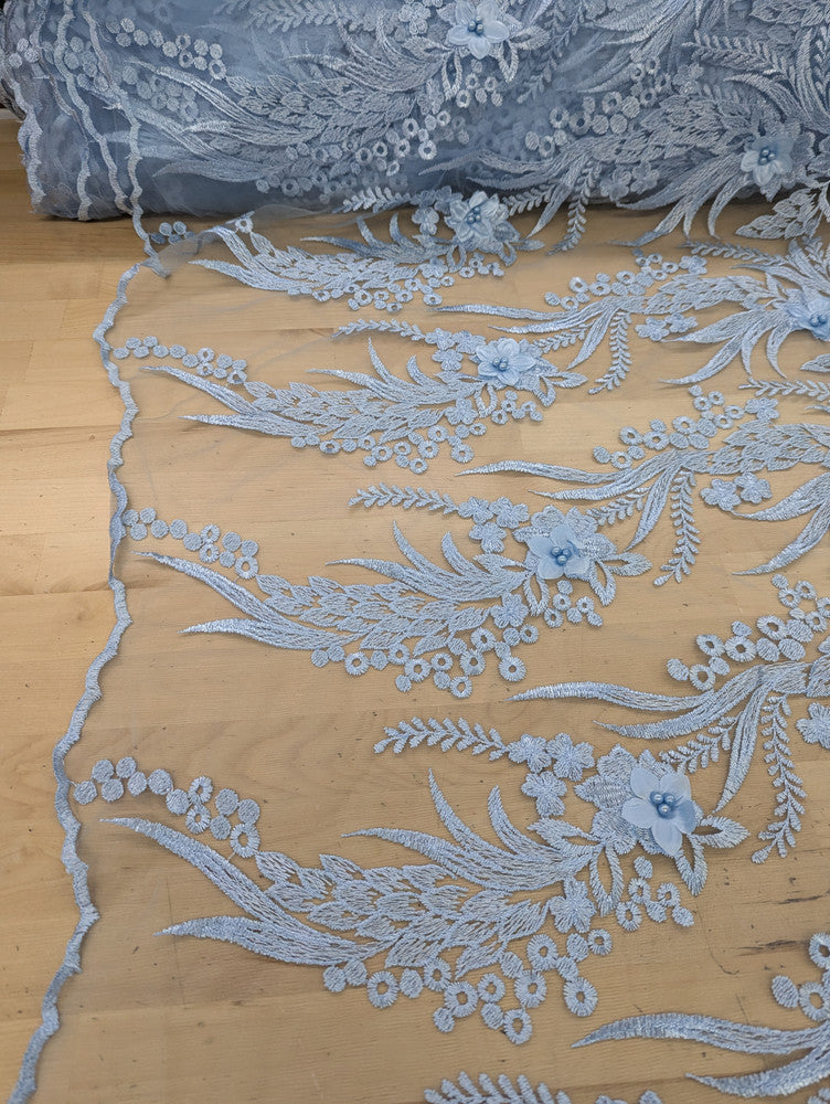 3D Embroidered Flower Lace Polyester Fabric - Light Champagne, Baby Blue, Mauve, Pearl-Embellished 3D Floral, 54-55" Width (1 Yard)