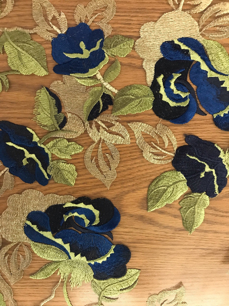 Embroidered Rose Polyester Lace Fabric - Nude Mesh With Navy And Royal Blue Roses, Green And Champagne Leaves, Metallic Accents, 58" Width, 50" Embroidered Width (1 Yard)