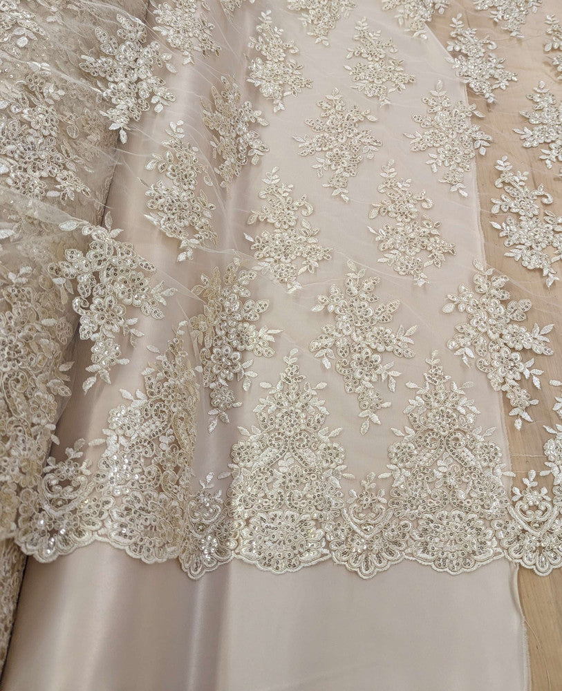 Bridal Lace With Sequins Polyester Lace Fabric - Multiple Colors, Corded Floral, Scalloped Edges, 50/51" Width (1 Yard)