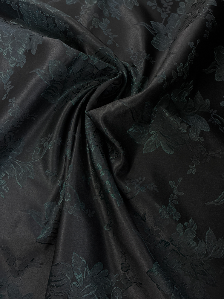 Flower Brocade Polyester Fabric - Black/Hunter Green Floral Jacquard, 58/59" Width (1 Yard)
