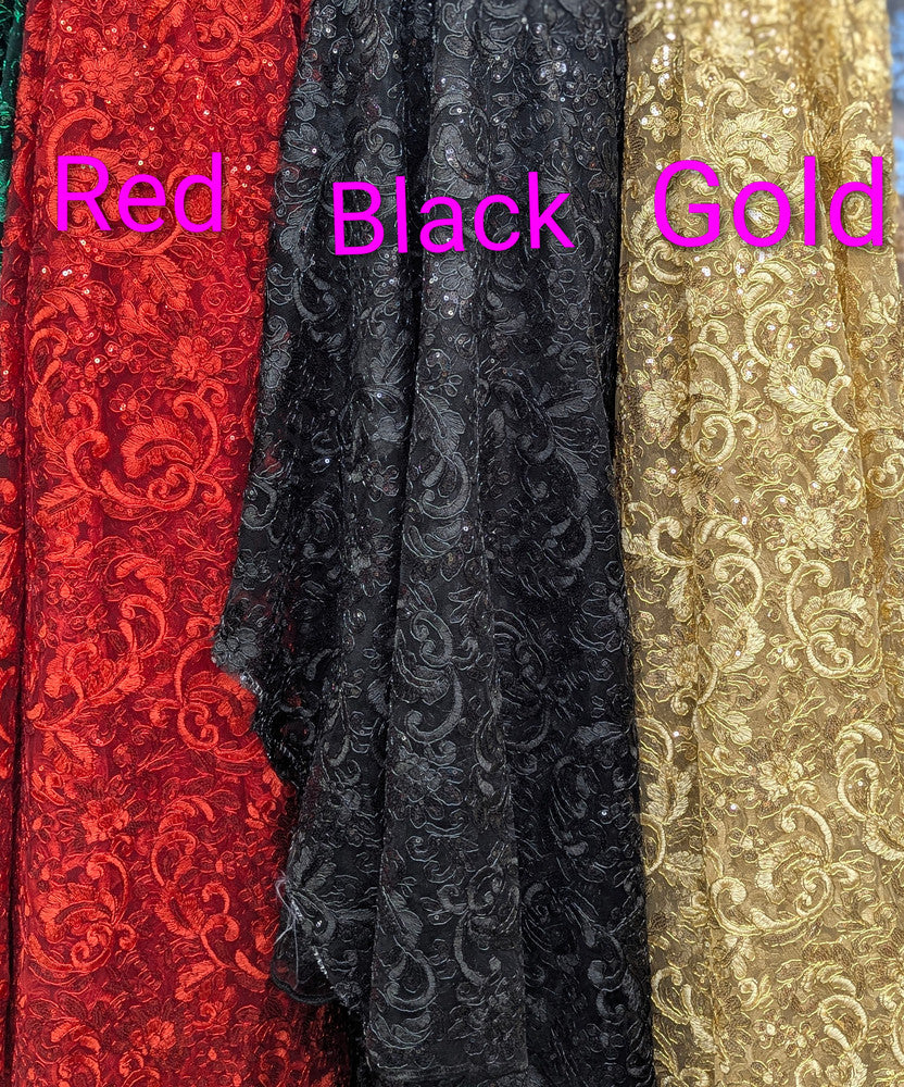 All Over Flowers With Sequins Polyester Lace Fabric - Multiple Colors, Floral Mesh With Metallic Thread, 50" Width (1 Yard)