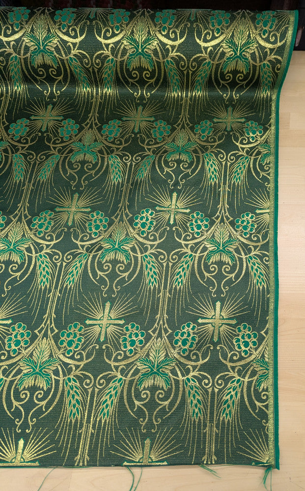 Church Metallic Brocade Wheat And Cross Polyester Brocade Fabric - Green, Red, Gold And Purple, Metallic Cross, Grapes And Wheat Jacquard, 58-59" Width (1 Yard)