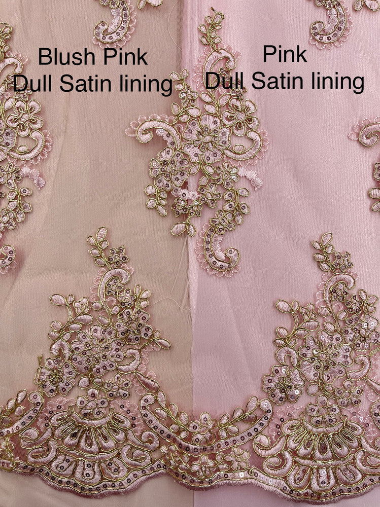 Pink And Gold Lace Polyester Lace Fabric - Pink And Gold Metallic Thread, Sequins, 53-54" Width (1 Yard)