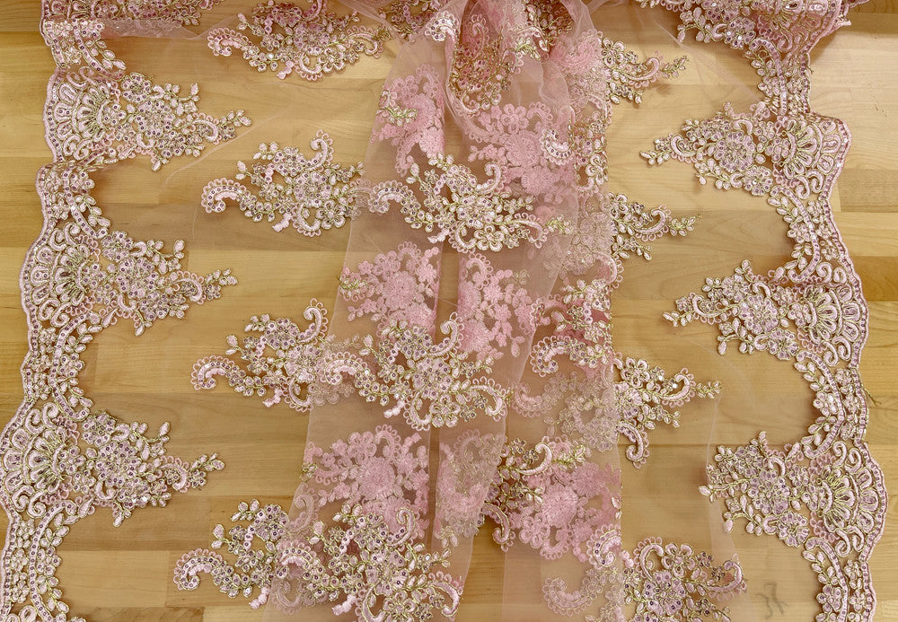 Pink And Gold Lace Polyester Lace Fabric - Pink And Gold Metallic Thread, Sequins, 53-54" Width (1 Yard)
