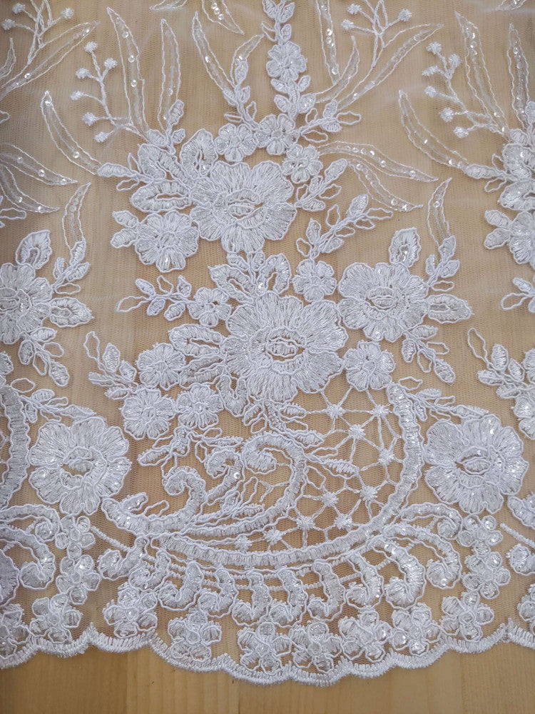 Grace Polyester Lace Fabric - White, Off White Floral Embroidery, Clear Sequins, 50-51" Width (1 Yard)