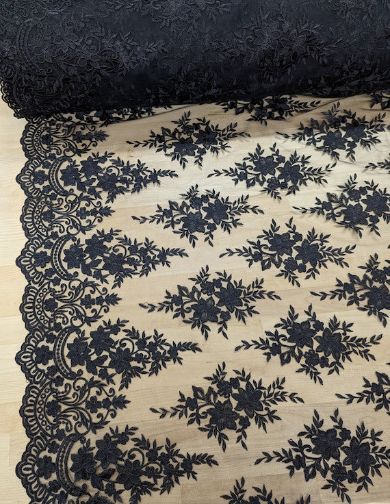Regina Polyester Lace Fabric - White, Off-White, Black, Bridal Floral Embroidered Mesh, Scalloped Edges, 51/52" Width (1 Yard)