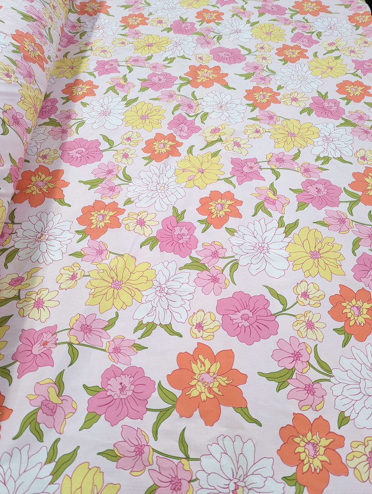 Blooming Garden Cotton Spandex Fabric - Floral Print, Pink, Dark Pink, Light Yellow, Coral, 44/45" Width (1 Yard)