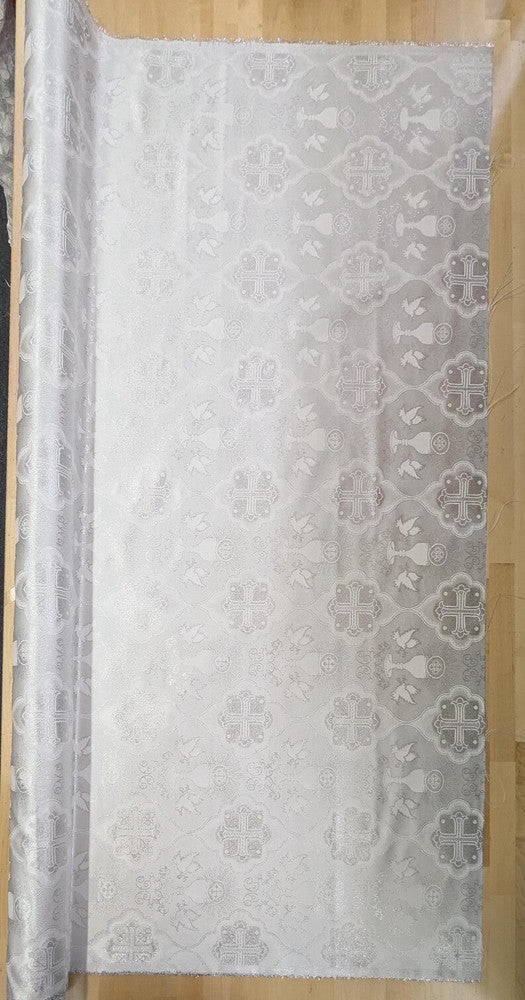 Silver Church Metallic Cross Polyester Brocade Fabric - White/Silver Cross Pattern, 58/59" Width (1 Yard)