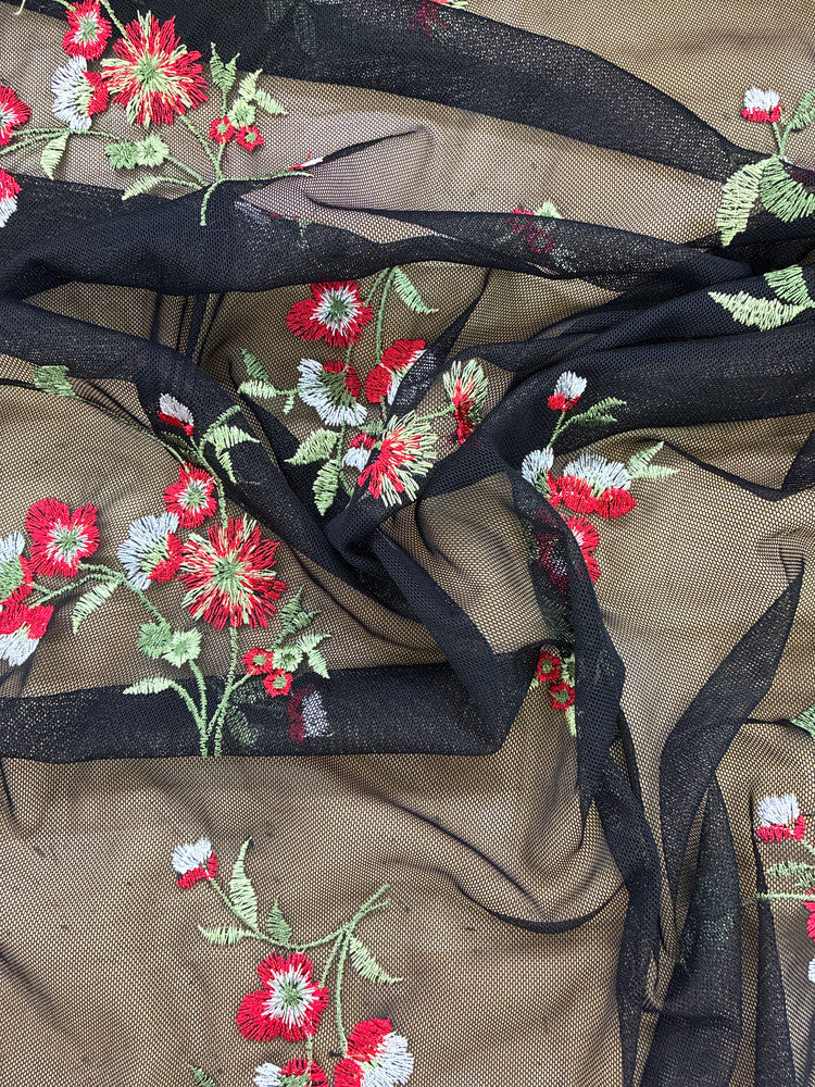 Red And White Flower Lace Polyester/Spandex Fabric - Embroidered Stretch Mesh, Red/White Flowers, Green Leaves, 57" Width (1 Yard)