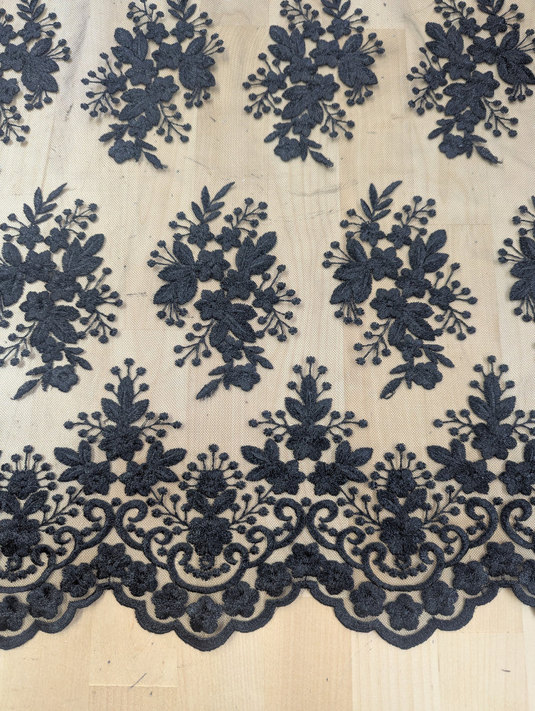 Regina Polyester Lace Fabric - White, Off-White, Black, Bridal Floral Embroidered Mesh, Scalloped Edges, 51/52" Width (1 Yard)