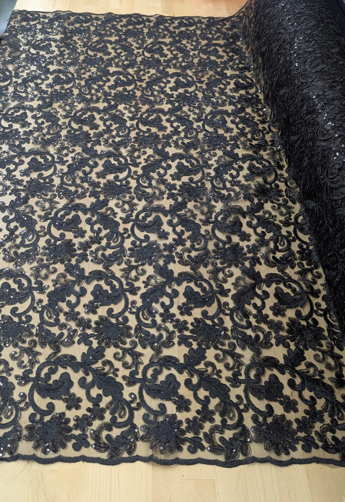 All Over Flowers With Sequins Polyester Lace Fabric - Multiple Colors, Floral Mesh With Metallic Thread, 50" Width (1 Yard)
