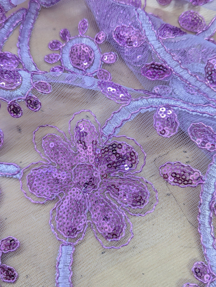 All Over Flowers With Sequins Polyester Lace Fabric - Lilac, Floral Sequins, 55" Width (1 Yard)