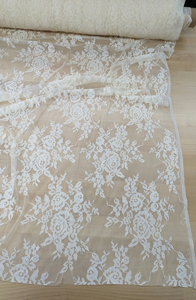 Stretch Lace Polyester Spandex Fabric - Black/Ivory Floral Pattern, 58/59" Width (1 Yard)