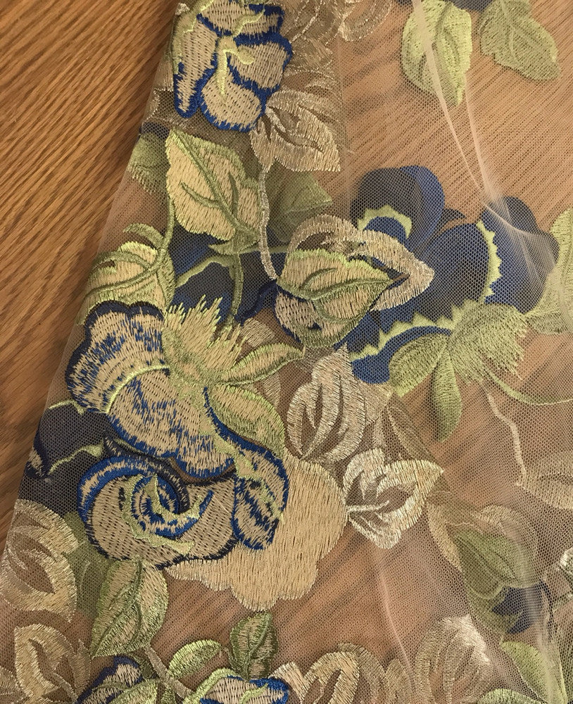 Embroidered Rose Polyester Lace Fabric - Nude Mesh With Navy And Royal Blue Roses, Green And Champagne Leaves, Metallic Accents, 58" Width, 50" Embroidered Width (1 Yard)