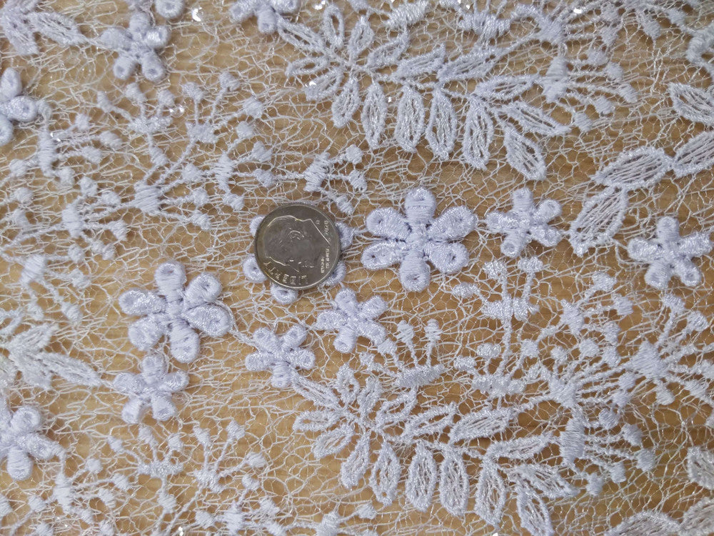 Daisy Bridal Lace Polyester Fabric - White, Off White, Pink, Small Flower Embroidery With Clear Sequins, 50-51" Width (1 Yard)