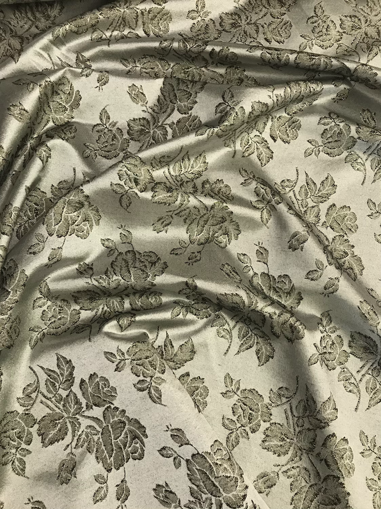 Gray Metallic Rose Polyester Brocade Fabric - Black/Gold Metallic Outline, 58/59" Width (1 Yard)