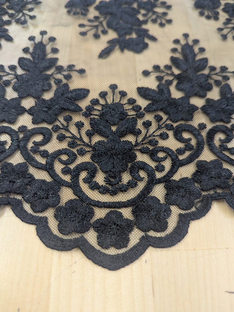 Regina Polyester Lace Fabric - White, Off-White, Black, Bridal Floral Embroidered Mesh, Scalloped Edges, 51/52" Width (1 Yard)
