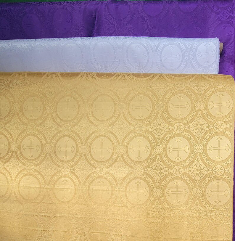 Church Cross Brocade Polyester Fabric - Matte Finish, Cross Pattern, 58/59" Width, 5 Colors (1 Yard)