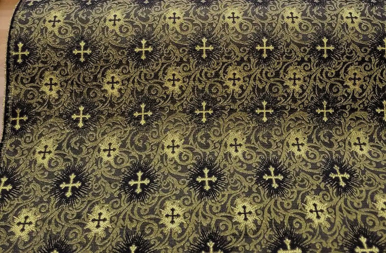 Small Metallic Cross Polyester Brocade Fabric - Multiple Colors, Small Metallic Cross Pattern, 58-59" Width (1 Yard)