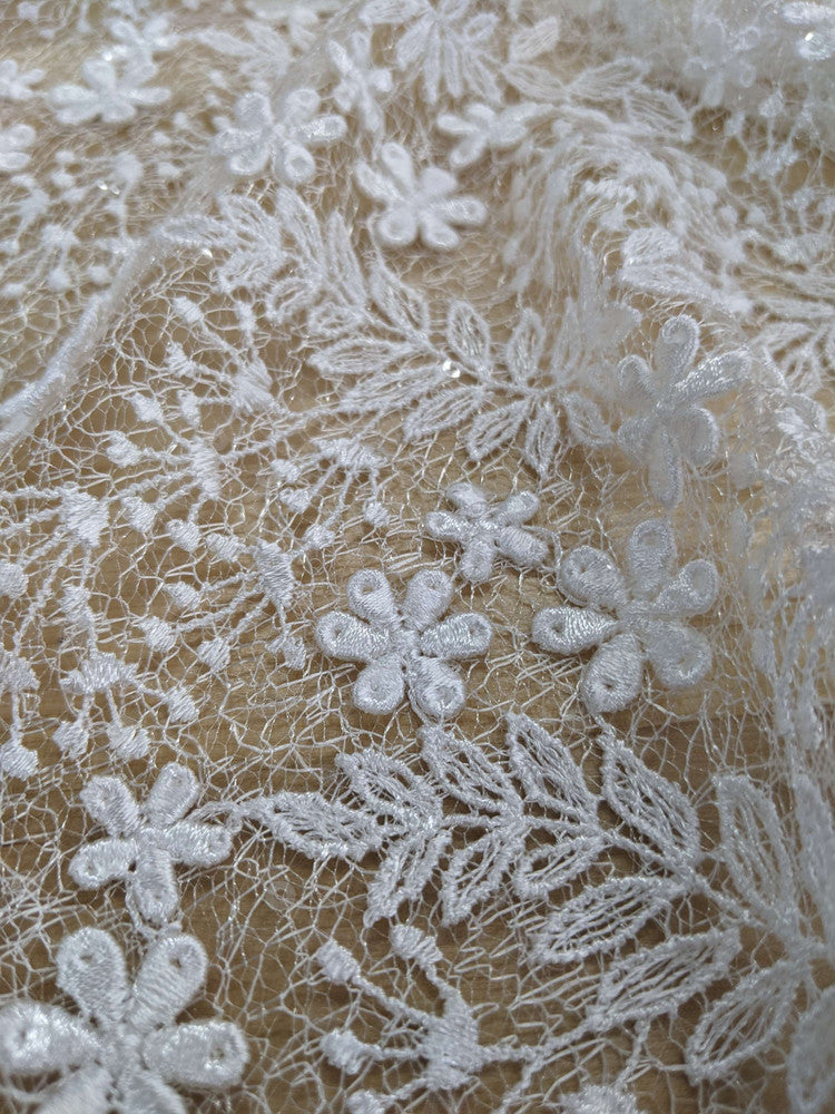 Daisy Bridal Lace Polyester Fabric - White, Off White, Pink, Small Flower Embroidery With Clear Sequins, 50-51" Width (1 Yard)