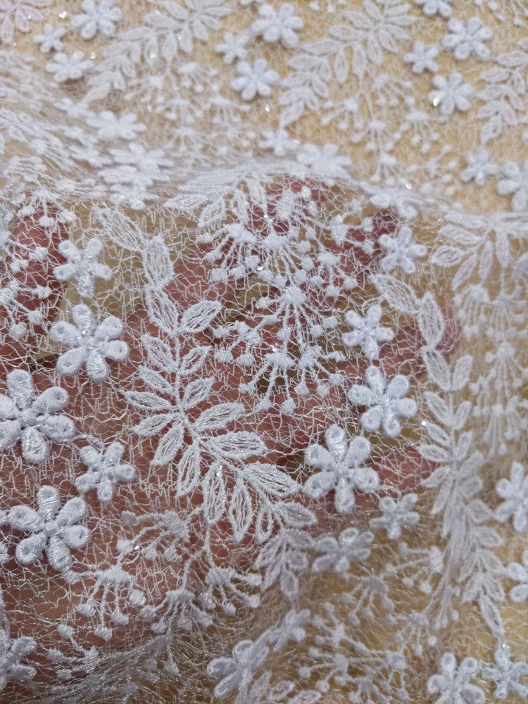 Daisy Bridal Lace Polyester Fabric - White, Off White, Pink, Small Flower Embroidery With Clear Sequins, 50-51" Width (1 Yard)