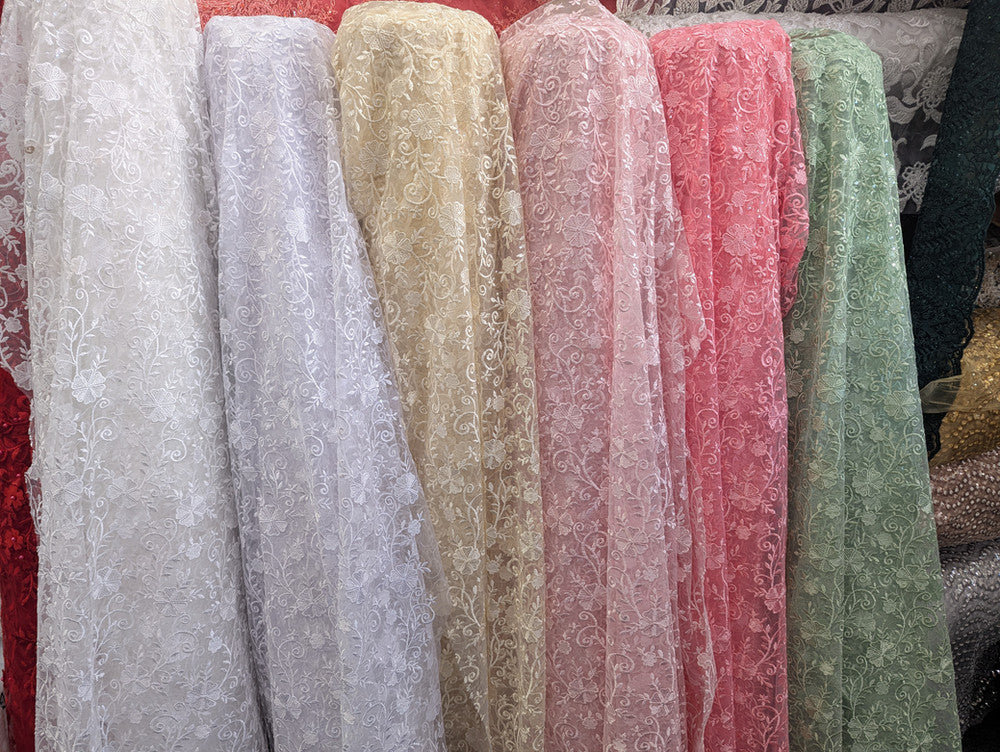 Elizabeth Bridal Lace Polyester Fabric - Multiple Colors, Floral Embroidered Mesh With Sequins, 49/50" Width (1 Yard)