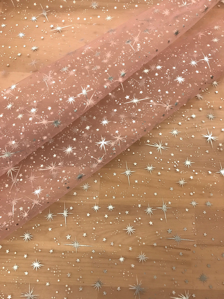 Foil Star Polyester Organza Fabric - Multiple Colors, Silver Foil Stars, 58/59" Width (1 Yard)