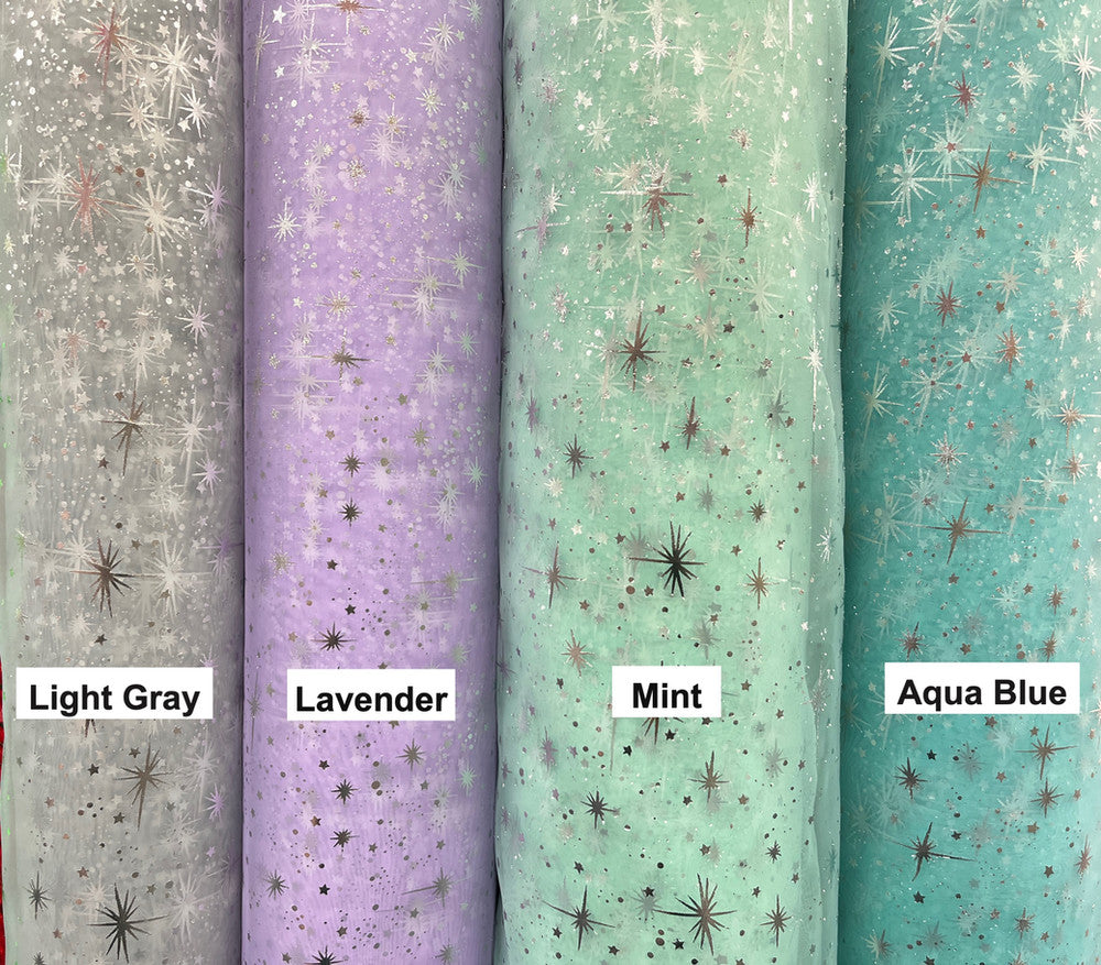 Foil Star Polyester Organza Fabric - Multiple Colors, Silver Foil Stars, 58/59" Width (1 Yard)