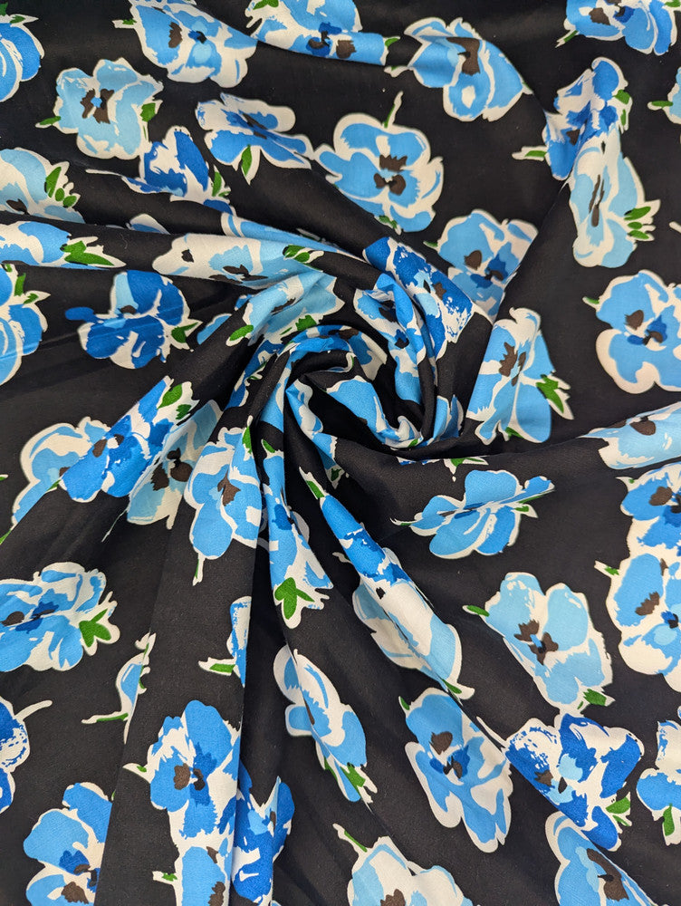 Blue Flower Print Cotton Spandex Fabric - Blue Floral On Black, 46-47" Width (1 Yard)