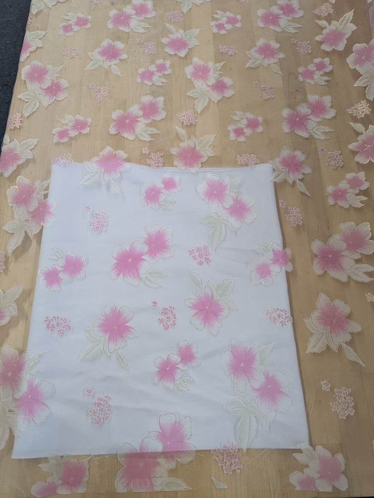 White Organza With Pink Flowers Polyester Organza Fabric - Pink Floral On White, Metallic Gold Outline, 58-59" Width (1 Yard)