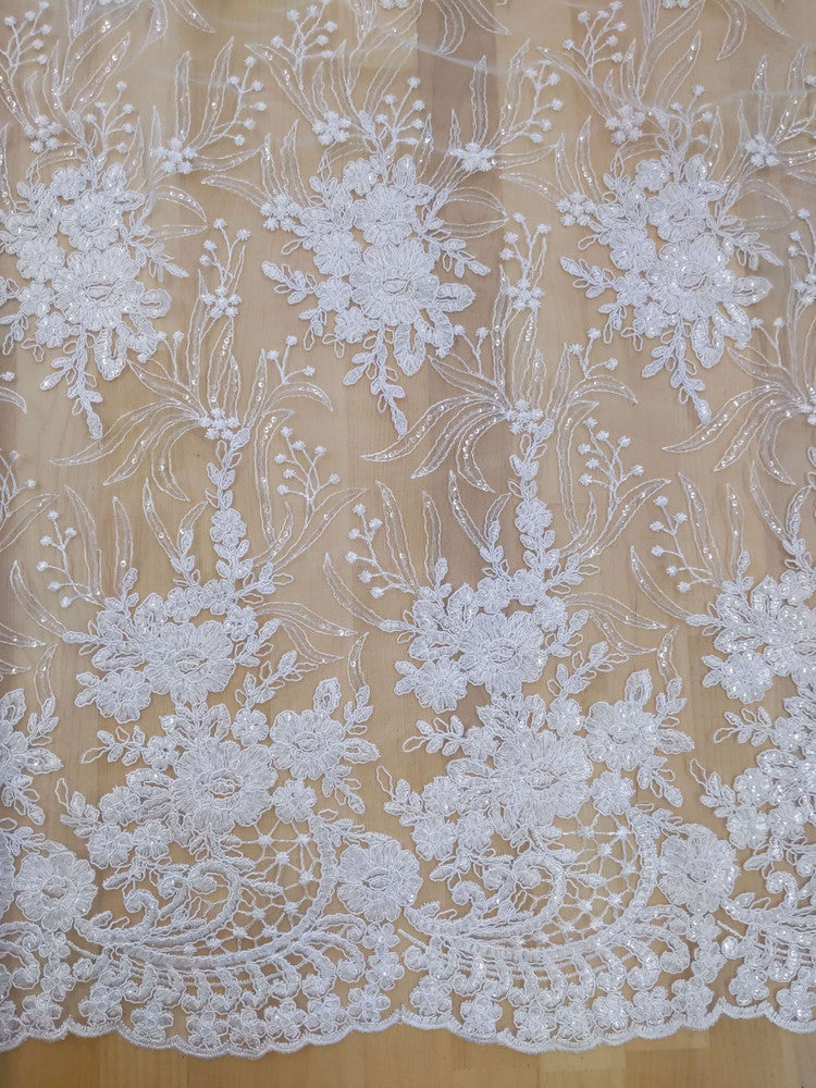 Grace Polyester Lace Fabric - White, Off White Floral Embroidery, Clear Sequins, 50-51" Width (1 Yard)