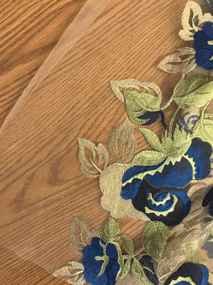 Embroidered Rose Polyester Lace Fabric - Nude Mesh With Navy And Royal Blue Roses, Green And Champagne Leaves, Metallic Accents, 58" Width, 50" Embroidered Width (1 Yard)
