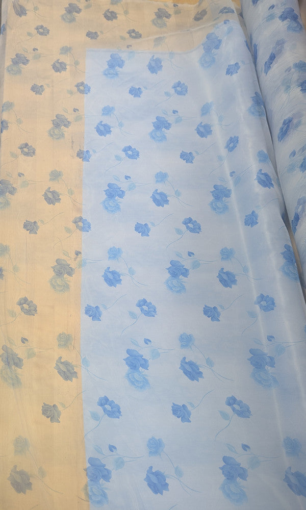Organza With Flowers Polyester Fabric - Light Blue/Dark Blue Floral, 58/59" Width (1 Yard)