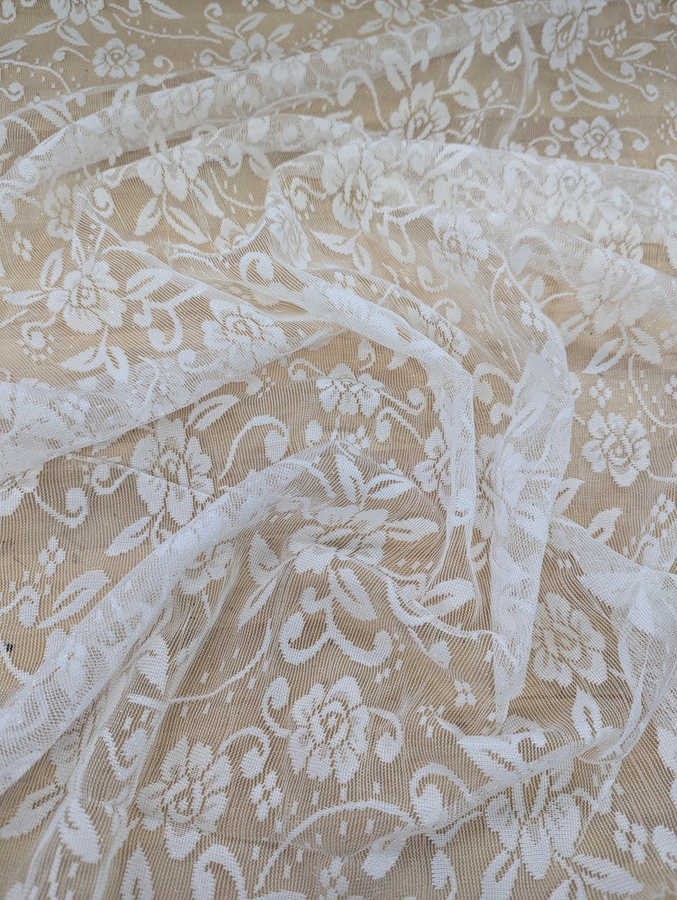 Floral Off White Lace Polyester/Nylon Fabric - Off White, Floral Pattern, 56/57" Width (1 Yard)